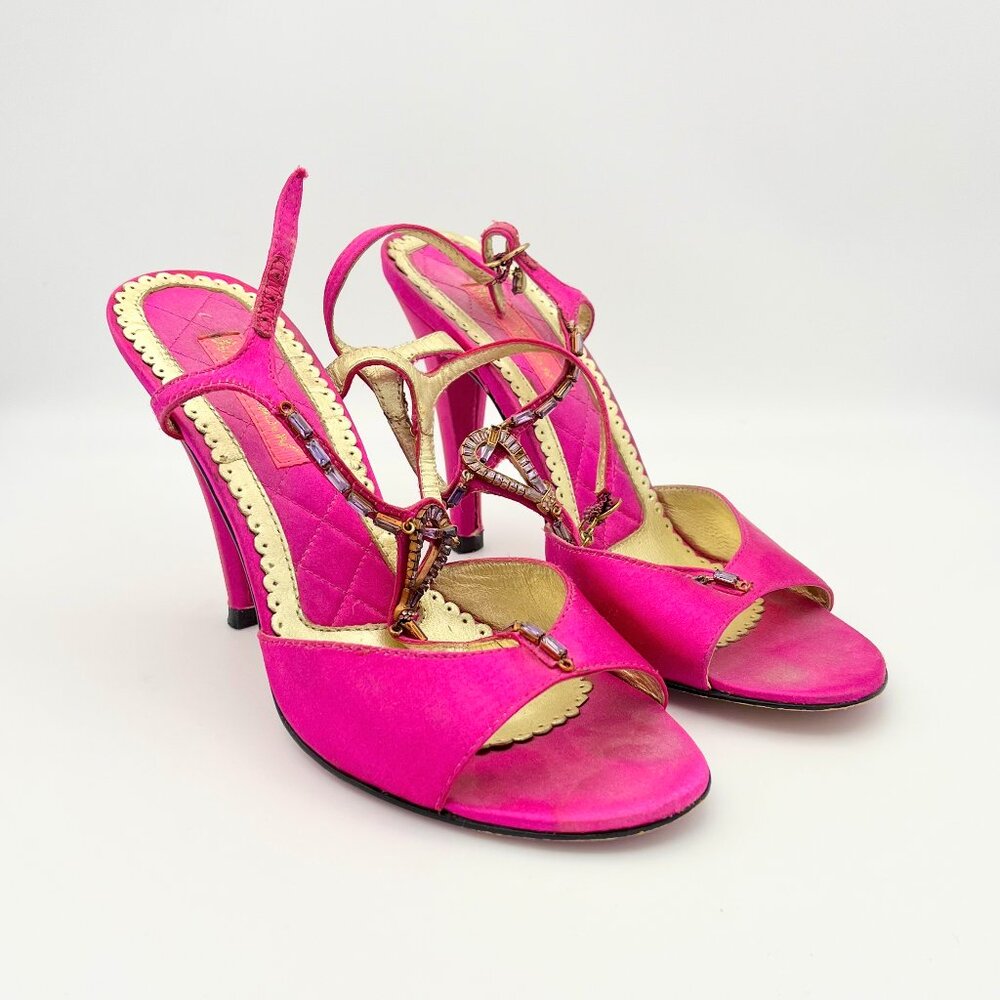 Betsey Johnson Fuchsia Heels – Size 7.5 with Rhinestone T-Strap